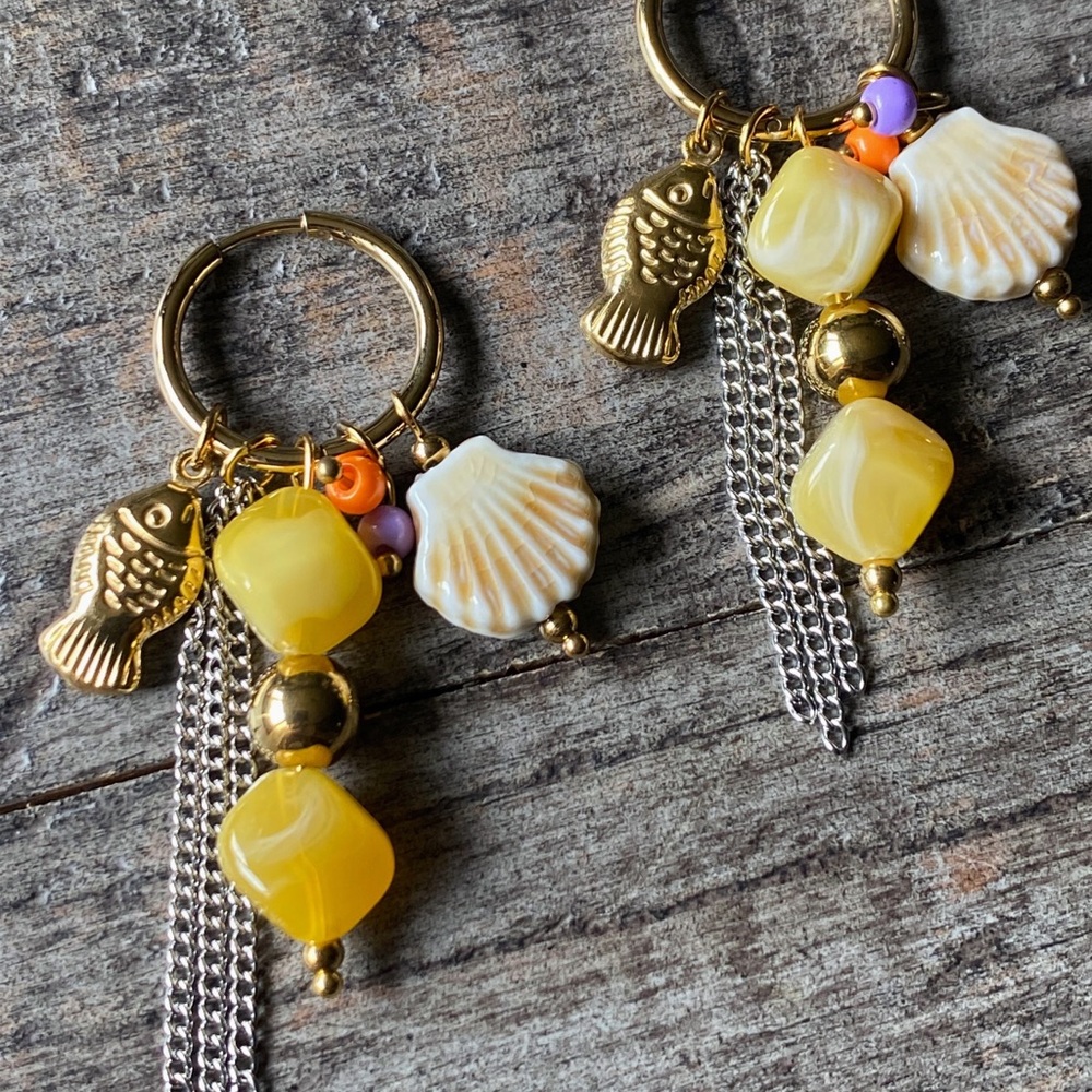 NEW Shell & Yellow Stone Charm Hoop Earrings